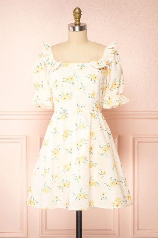 Elphege | Floral Puffy Sleeve Embroidered Dress