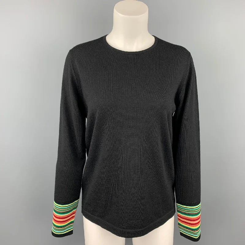 DRIES VAN NOTEN Size S Black Merino Wool Blend Pullover Faux Fur Trim
