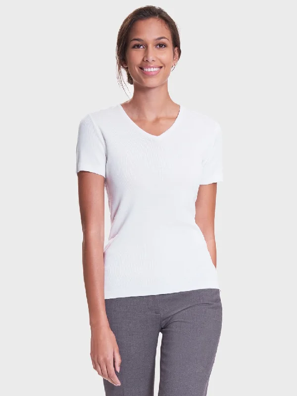 Ladies' V-Neck Shell Sweater - White Welt Pockets Slit Pockets Flap Pockets
