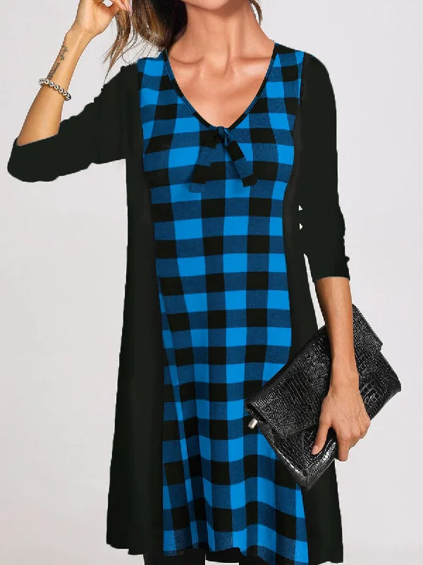 Retro Casual Loose V Neck Long Sleeved Plaid Dress