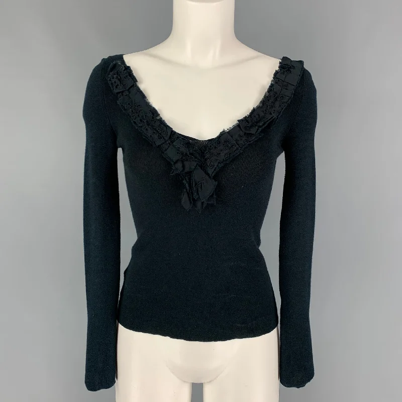 PRADA Size 4 Black Eylet Ribbon Pullover Alpaca Blend Soft