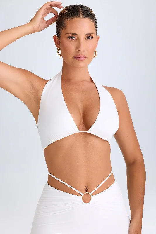 Plunge Hardware-Detail Halterneck Crop Top in White Crop Top Seamless Stretchy
