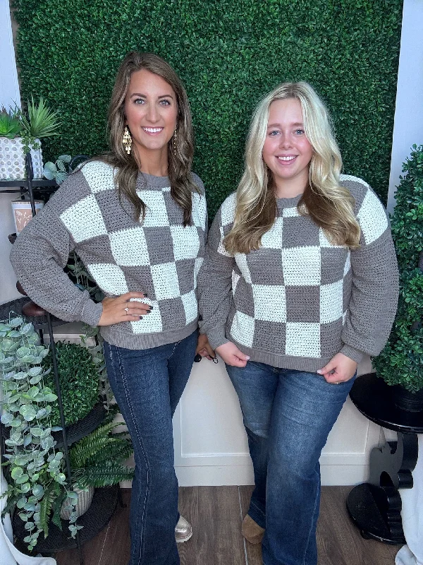 CHECKERED CROCHET KNIT LS SWEATER - GREY MULTI Jersey Fabric Tulle Fabric Batik Fabric CHECKERED CROCHET KNIT LS SWEATER - GREY MULTI Jersey Fabric Tulle Fabric Batik Fabric