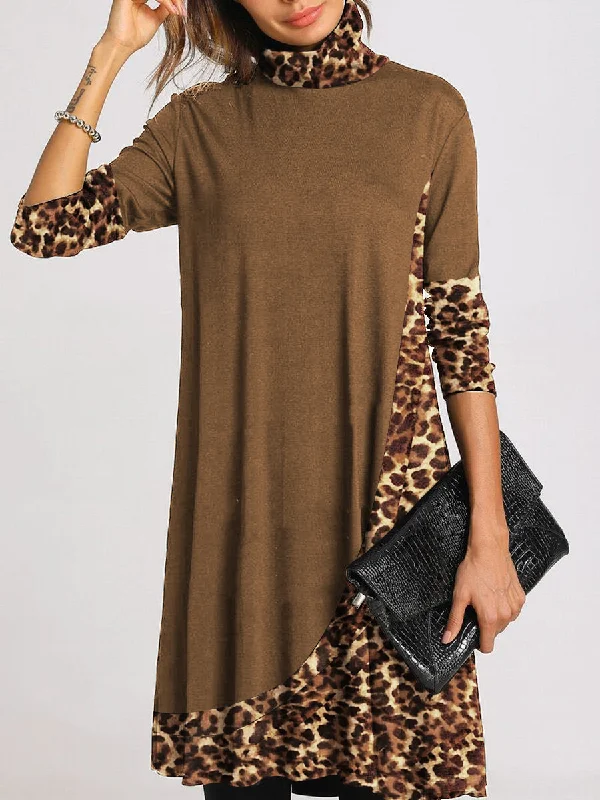 Retro Loose Casual Long Sleeve High Neck Leopard Print Dress