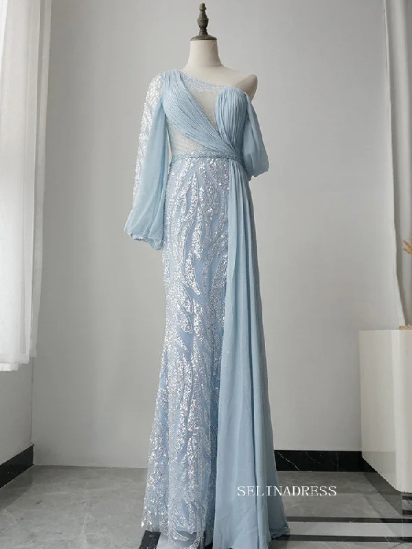 Elegant One Shoulder Long Sleeve Prom Dress Light Sky Blue Beaded Evening Dress Formal Gown FUE011 Elegant One Shoulder Long Sleeve Prom Dress Light Sky Blue Beaded Evening Dress Formal Gown FUE011