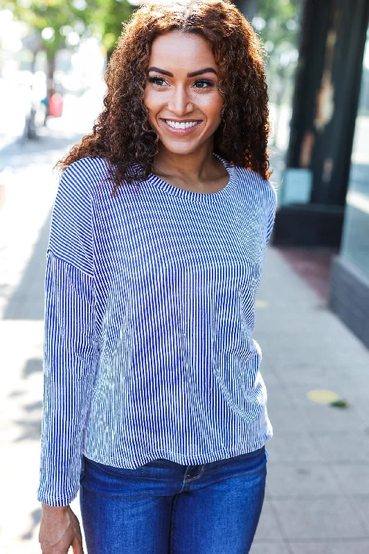 Hello Beautiful Blue Rib Dolman Cropped Sweater Top Polka Dot Checkered Tartan