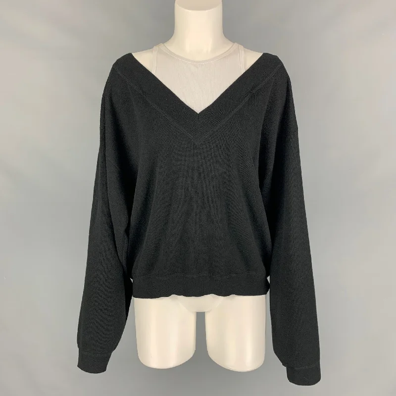 ALEXANDER WANG Size L Black White Merino Wool Off-Shoulder Pullover Besom Neck Pullover