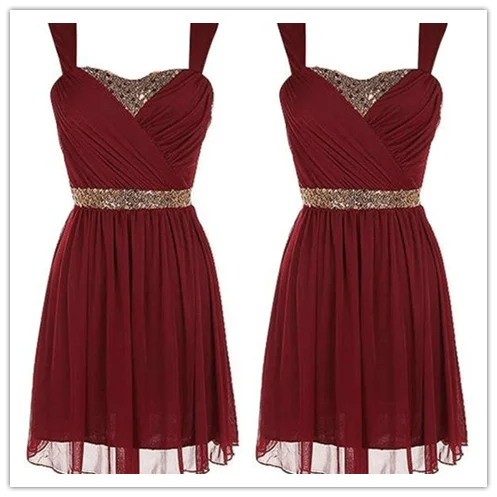 Beading Burgundy Chiffon Short Prom Dress