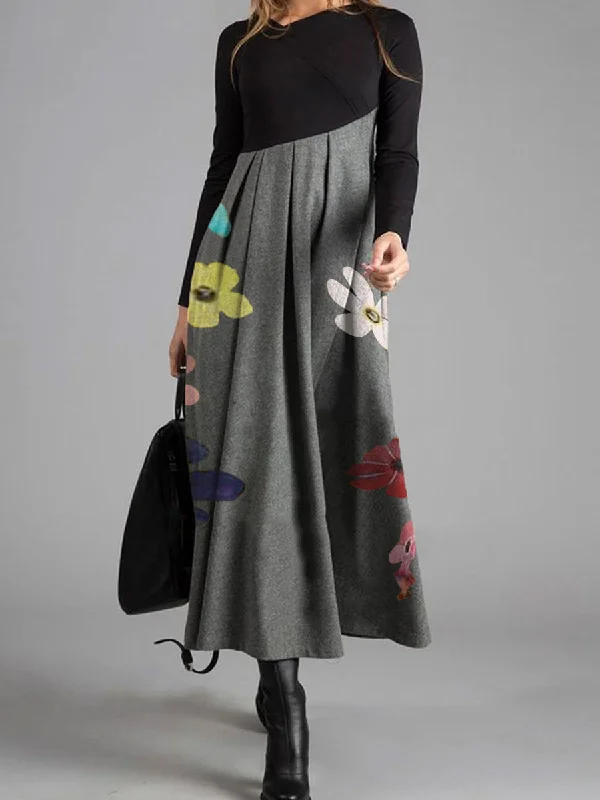 Printed Stitching High Waist Long Sleeve Casual Dress