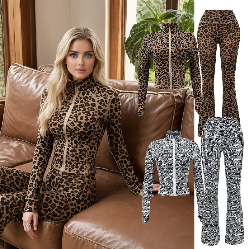 OEM / ODM womens printed yoga jackets set flared legging pants set Ribbed Jacket Pleated Jacket Ruffled Jacket OEM / ODM womens printed yoga jackets set flared legging pants set Ribbed Jacket Pleated Jacket Ruffled Jacket