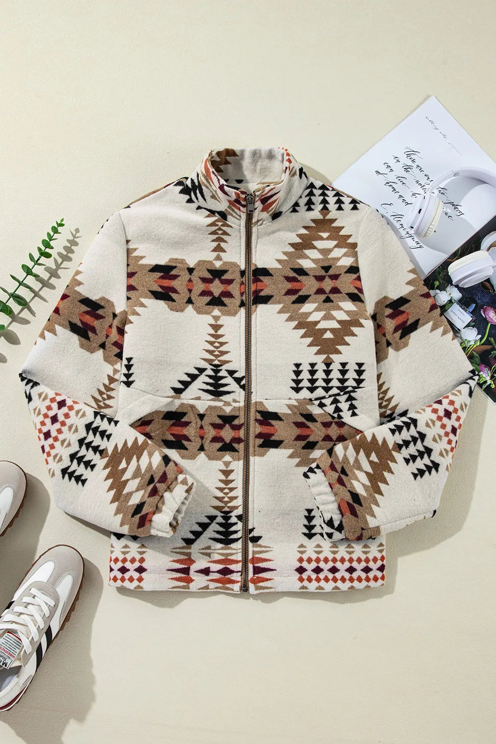 Women's Beige Aztec Printed Stand Neck Zip Up Jacket Faux Fur Jacket Real Fur Jacket Shearling Jacket Women's Beige Aztec Printed Stand Neck Zip Up Jacket Faux Fur Jacket Real Fur Jacket Shearling Jacket
