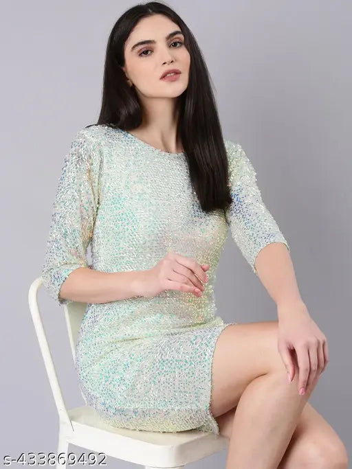 SHOWOFF Women's Bodycon Round Neck Green Embellished Dress