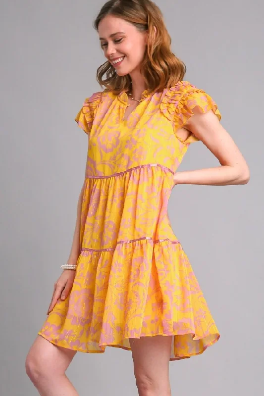 Umgee Flower Print Dress with Satin Tape Details in Honey Mix FINAL SALE