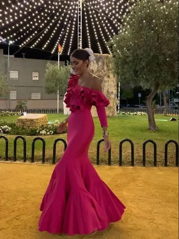 Love Red Fish Tail Wrap Hip Fold Ruffle Edge Wave Long Sleeve Off Shoulder Formal Prom Evening Dress Women's Party Love Red Fish Tail Wrap Hip Fold Ruffle Edge Wave Long Sleeve Off Shoulder Formal Prom Evening Dress Women's Party