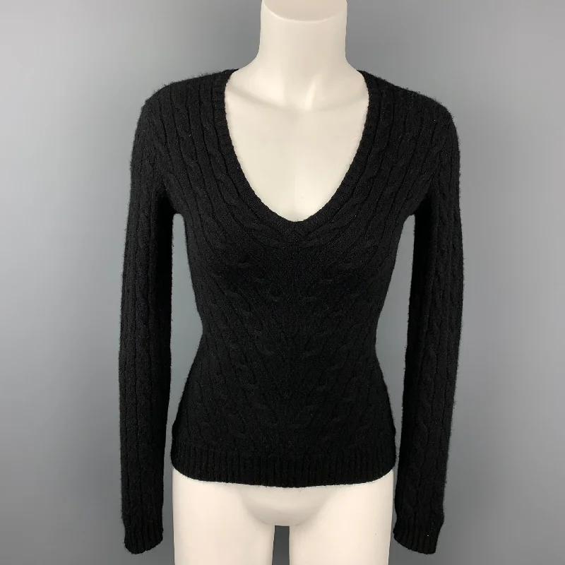 RALPH LAUREN Black Label Size S Black Knitted Cashmere V-Neck Pullover Thick Cable Knit