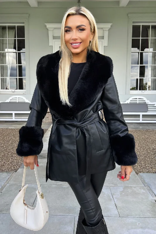 Black Faux Fur Trim Leather Look Short Coat