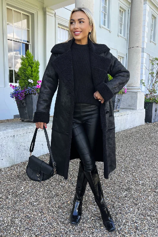 Black Longline Faux Shearling Coat