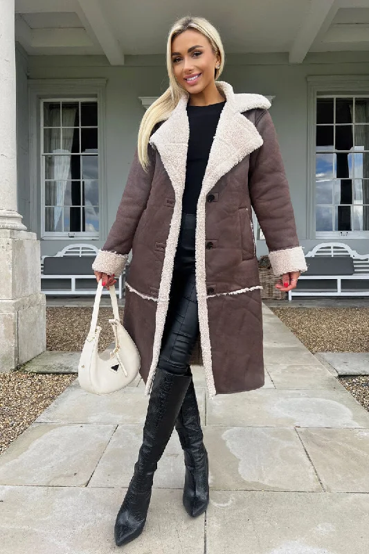 Brown Longline Faux Shearling Coat