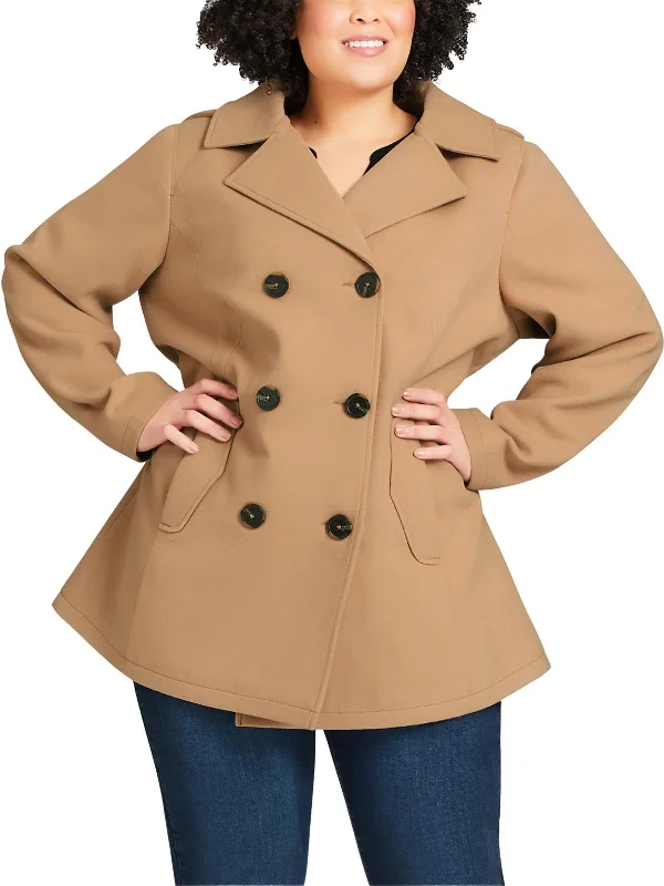 Plus Womens Pintuck Hooded Pea Coat