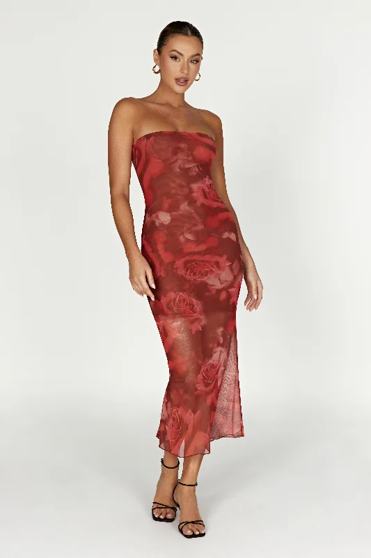 Aphrodite Strapless Mesh Dress - Oversized Rose Print