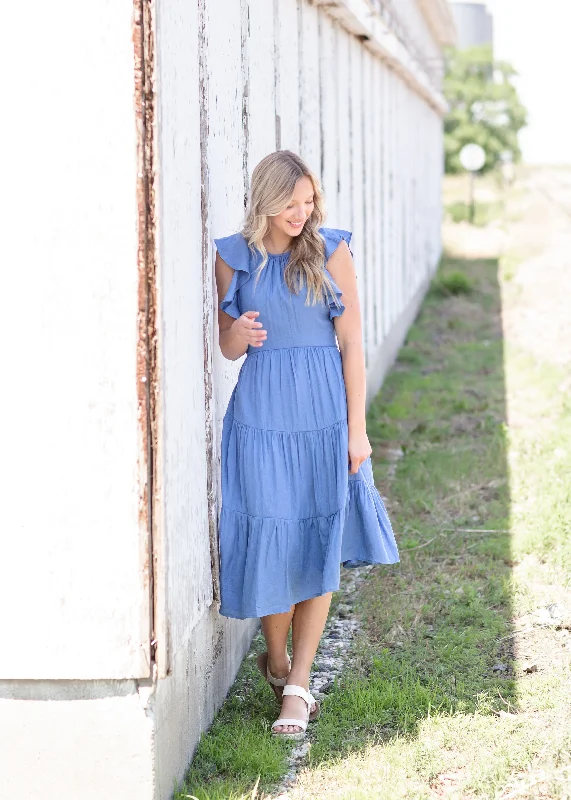 Blue Ruffle Sleeve Midi Dress