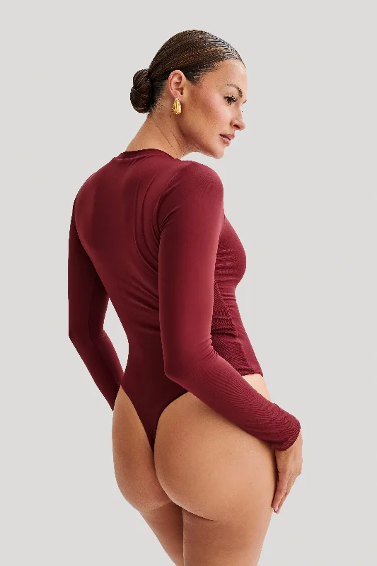 Delilah Recycled Nylon Long Sleeve Crew Neck Bodysuit - Wine