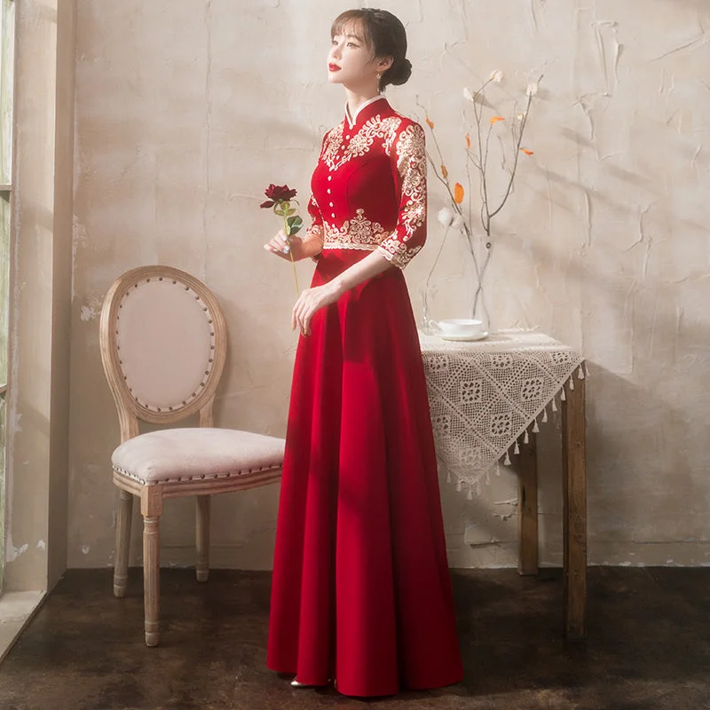 Floral Embroidery 3/4 Sleeve A-Line Velvet Oriental Evening Dress