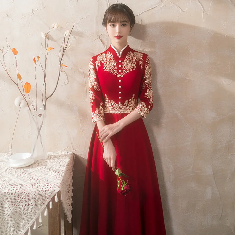 Floral Embroidery 3/4 Sleeve A-Line Velvet Oriental Evening Dress