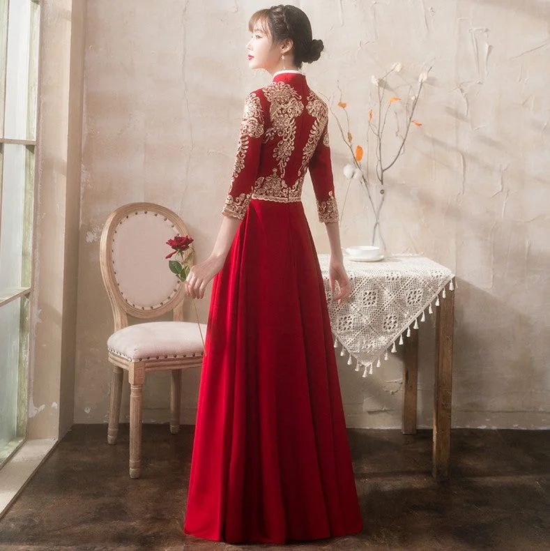 Floral Embroidery 3/4 Sleeve A-Line Velvet Oriental Evening Dress