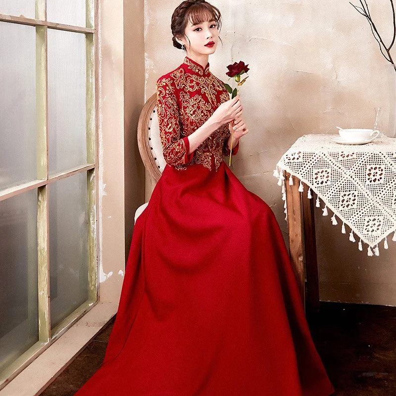 Floral Embroidery 3/4 Sleeve Full Length Velvet Oriental Evening Dress