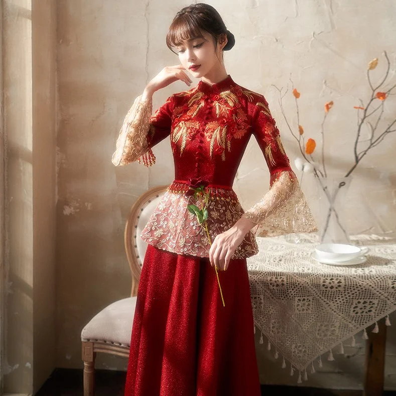 Floral Embroidery Lace Trumpet Sleeve Velvet Oriental Evening Dress