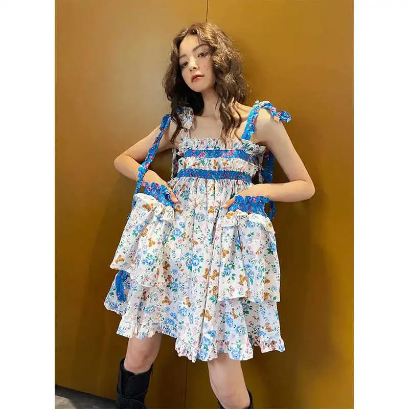 Lunivop Fashion Sweet Flower Print Dress for Women Summer New Bow Lace Upstrap Dresses Y2k E-Girl Slim Waist Ruched Vestidos Mujer