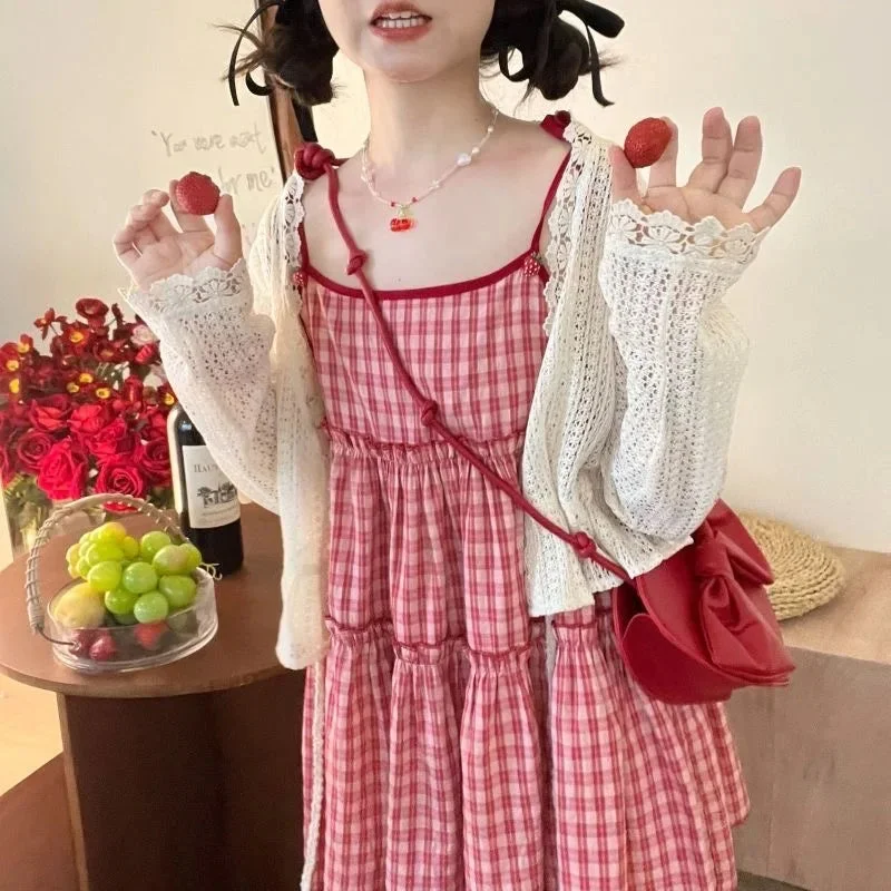 Lunivop Korean Sweet and Lovely Girl S-8xl Plus Size Hollow Out Sun Protection Cardigan Strawberry Plaid Halting Dress Two-piece Set