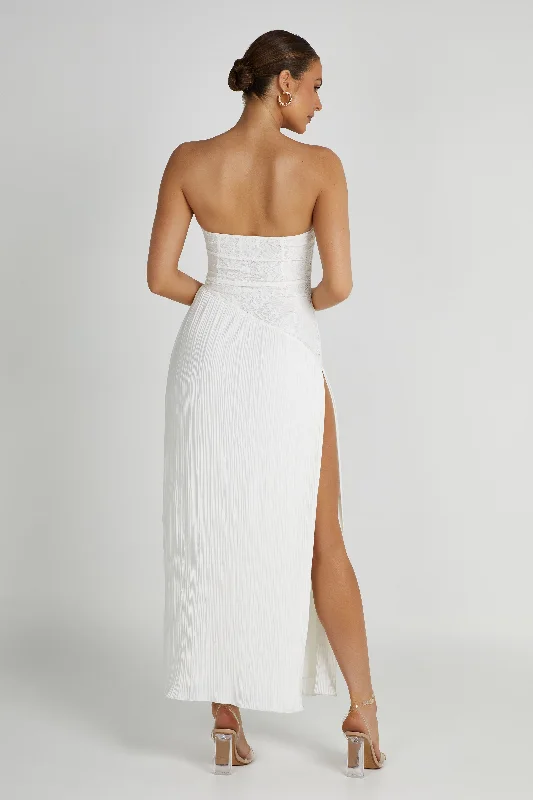 Skye Lace Plisse Strapless Midi Dress - White