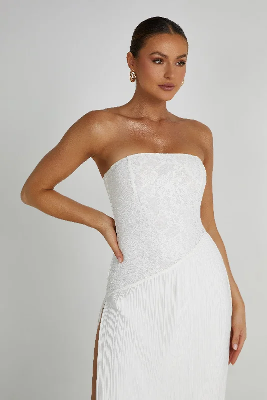 Skye Lace Plisse Strapless Midi Dress - White