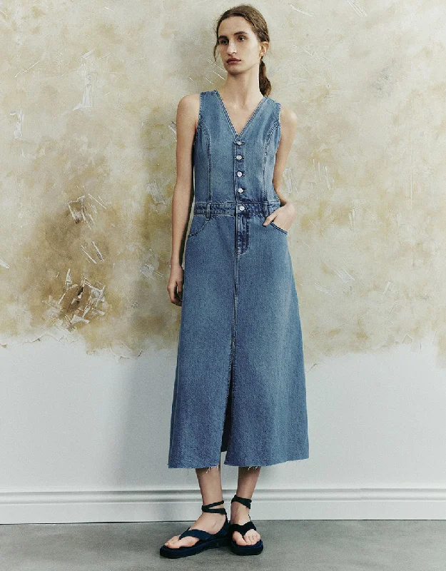 Split Hem Sleeveless V-Neck Denim Dress