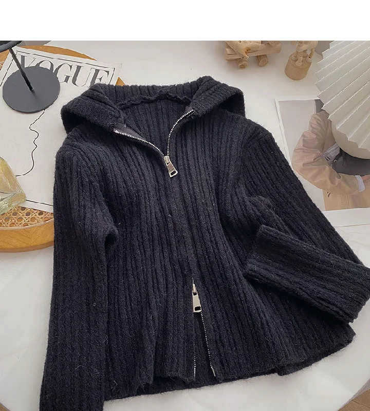 Cardigan hooded knitted coat solid short top  6590