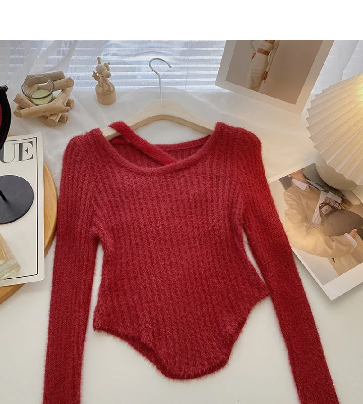 Korean round neck hollowed out irregular slim fitting short sweater  6089