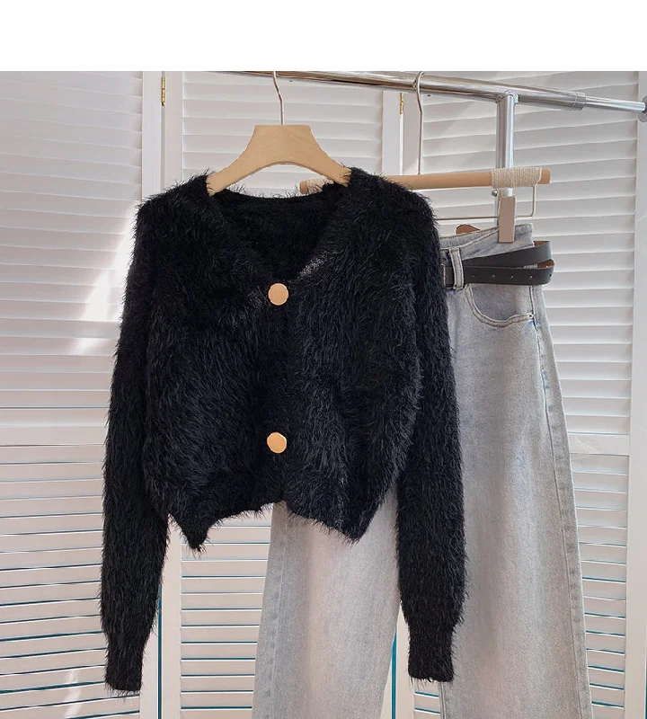 Mohair sweater solid V-neck short long sleeve top  6063