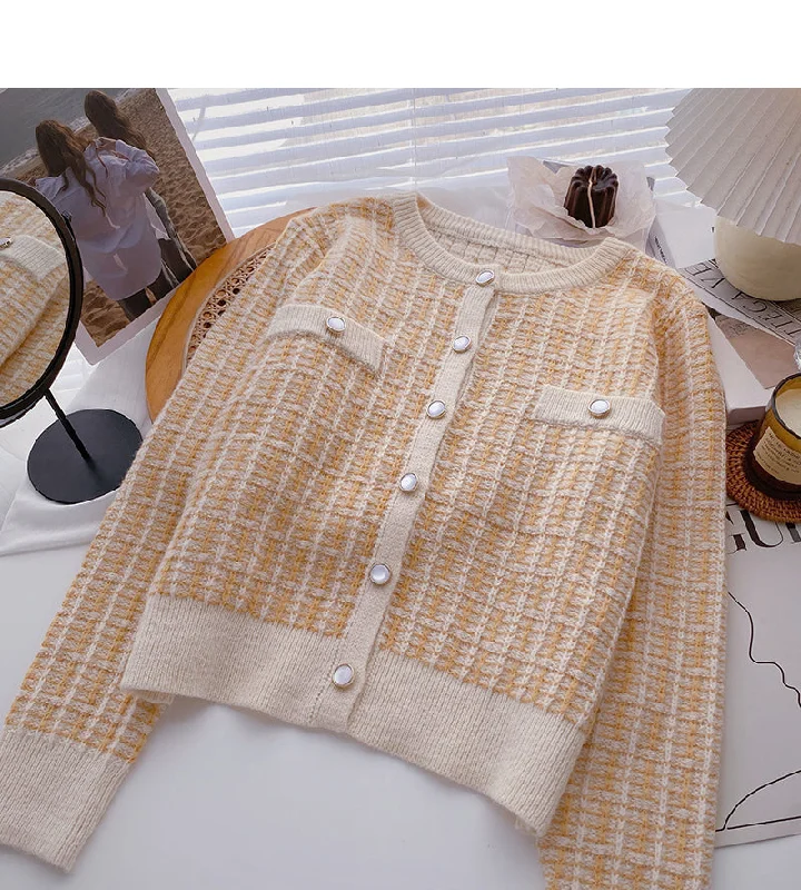 New Korean round neck small fragrance top cardigan  6077