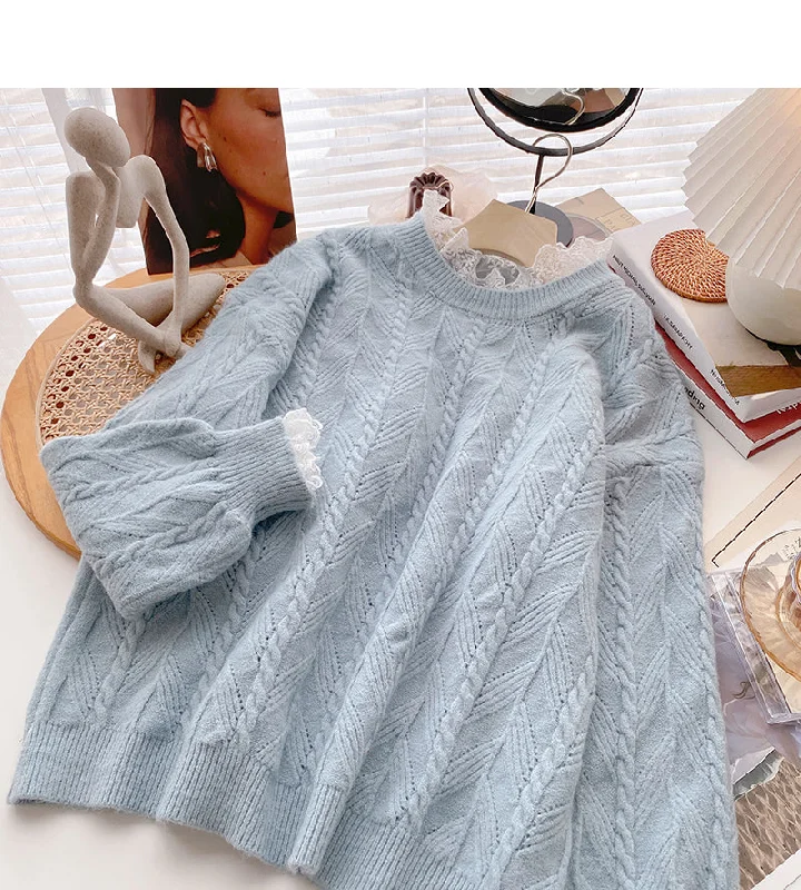 Vintage Lace Edge long sleeve Pullover thin loose top  6094