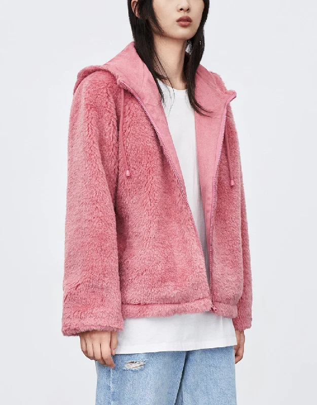 Raglan Sleeve Zipper Front Furry Jacket