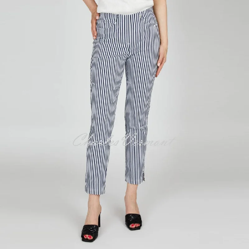 Robell Bella 09 - 7/8 Cropped Slim Fit Stripe Trouser 52483-54375-69 (Navy / White)