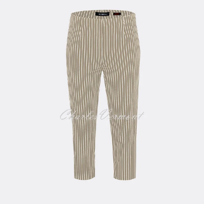 Robell Marie 07 Pinstripe Capri Trouser 51659-54567-13 (Light Taupe / White)