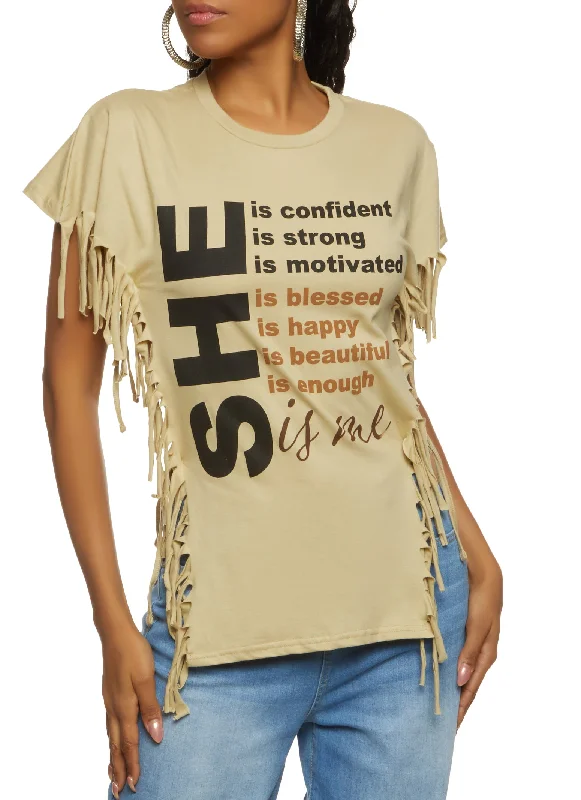 She Graphic Fringe Side Tie Tee