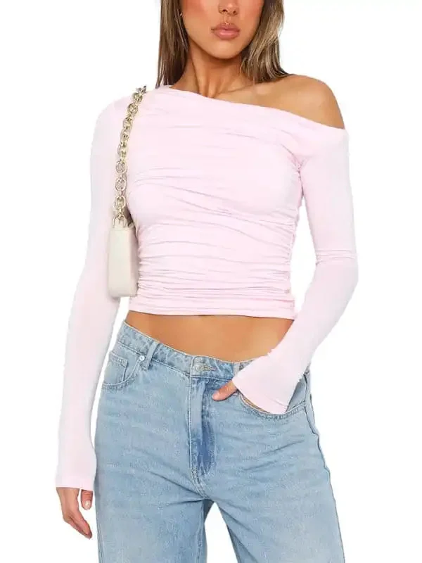 Women’s off-shoulder asymmetrical solid color crop top long-sleeved sexy slim fit T-shirt