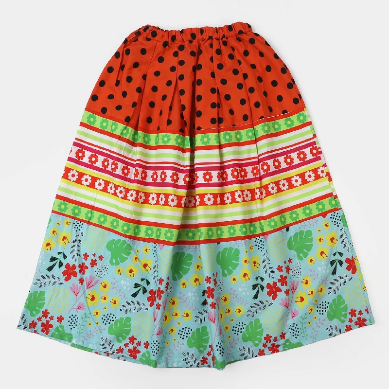 Girls Cotton Digital Print Long Skirt - Multi