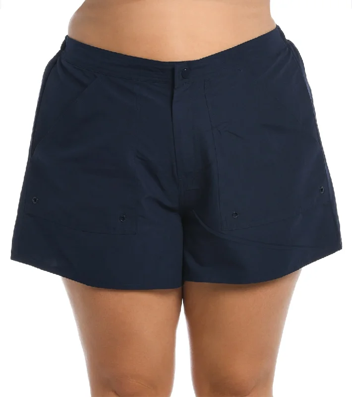 Maxine Plus Size Solids Woven Board Shorts Indigo