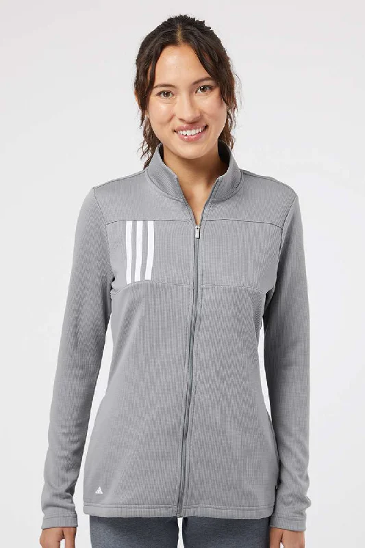 Adidas Womens 3 Stripes Double Knit Moisture Wicking 1/4 Zip Sweatshirt - Grey/White - NEW