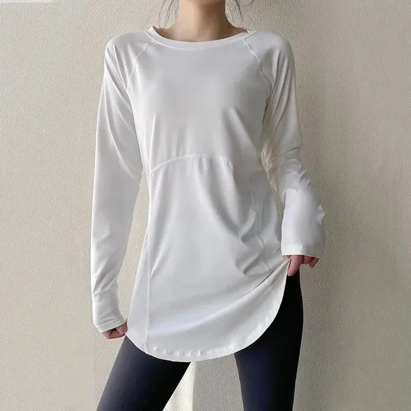 Long Sleeve Tees Sport Top For Women Shirts Cover Hip Gym Shirt Fitness Fitted T